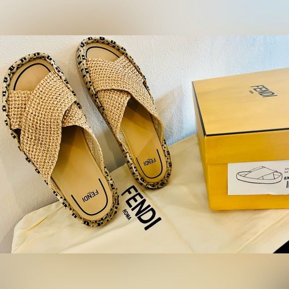 FENDI 7X1421 Sandalo Rafia Logo Slide Sandals Leather Viscose Sz 40 Pre-Owned - Picture 7 of 7
